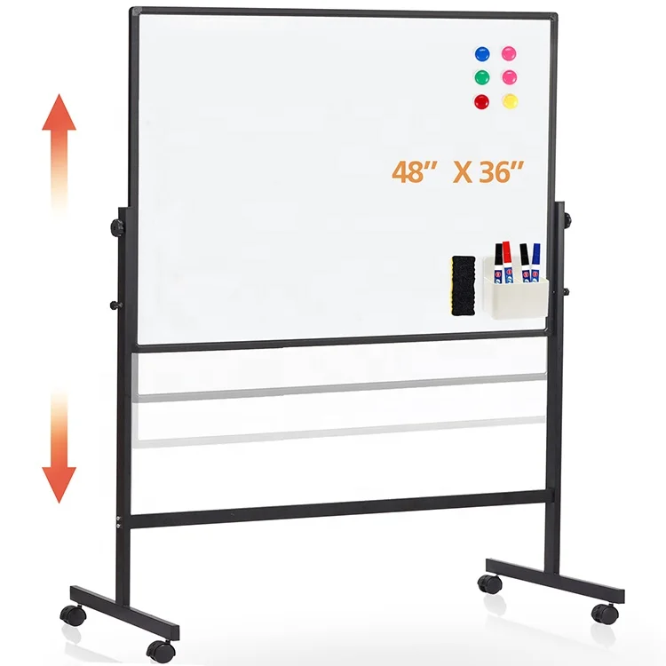 Mobile whiteboard black aluminum frame whiteboard easel height adjustable double sided magnetic white board with stand