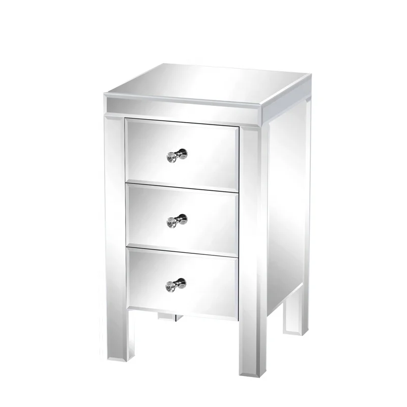 BELLEWORKS Custom Mesitas De Noche Mirrored Bedroom Furniture Cabinet 3 Drawer Mirror Night Stand Beside Side Table