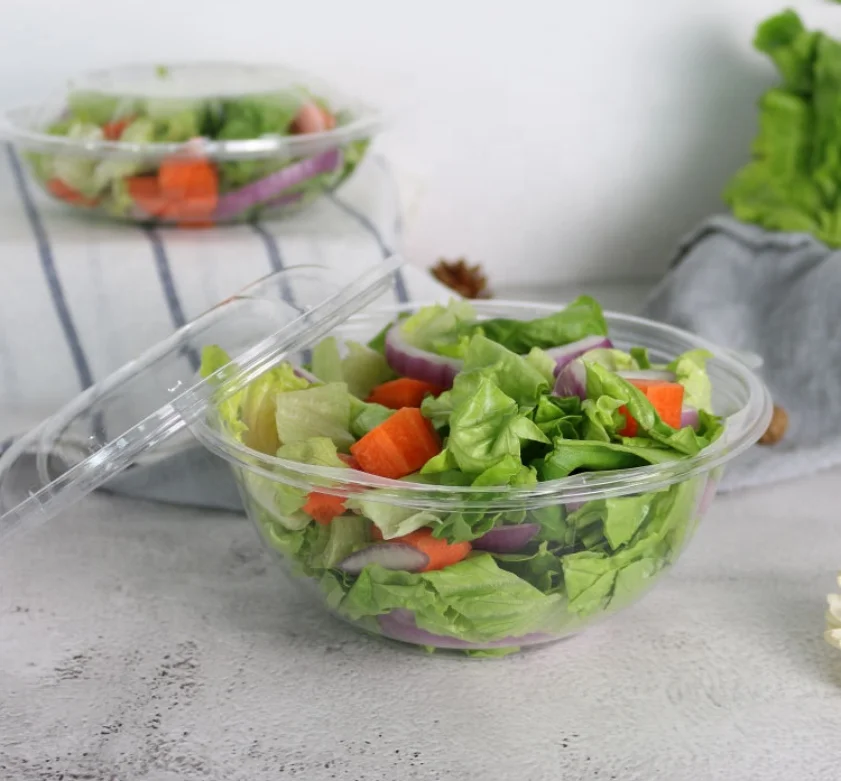 16/24/32/48oz disposable clear plastic pet round fruit salad bowl with lid