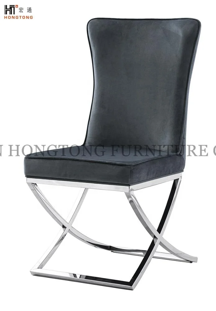
UK Style Button Decoration Velvet Dining Chair Stainless Steel Chrome Dining Room Chair 