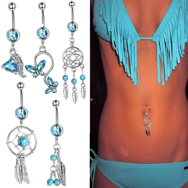 
12set stainless steel Zircon turquoise Butterfly Dream catcher Dolphin Wind Chimes Belly Button Nail Piercing Jewelry 