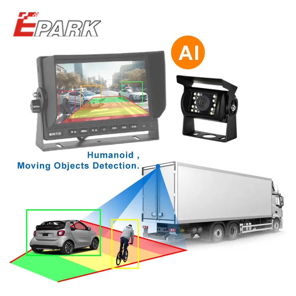 Epark AHD 720P AI Blind Spot Detection Person Recognition AI Car Bus Truck Backup Camera with Buzzer Heavy Duty Bus Camera