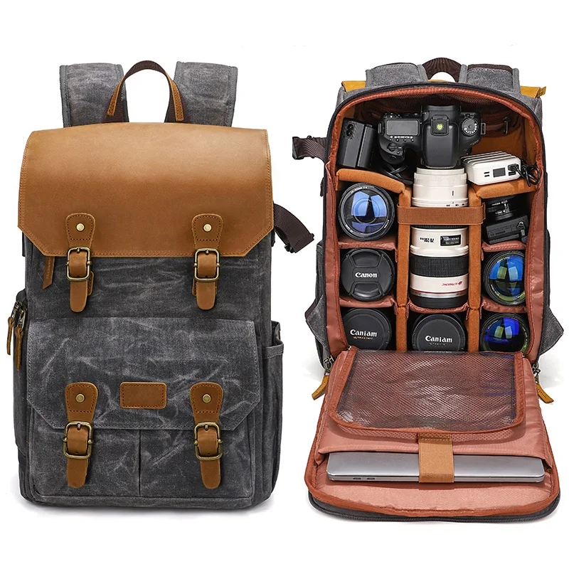 Multifunction Outdoor Travel Anti-theft Camera Bag DSLR Waxed Canvas Back Pack Backpack With 15.6 Laptop Compartment