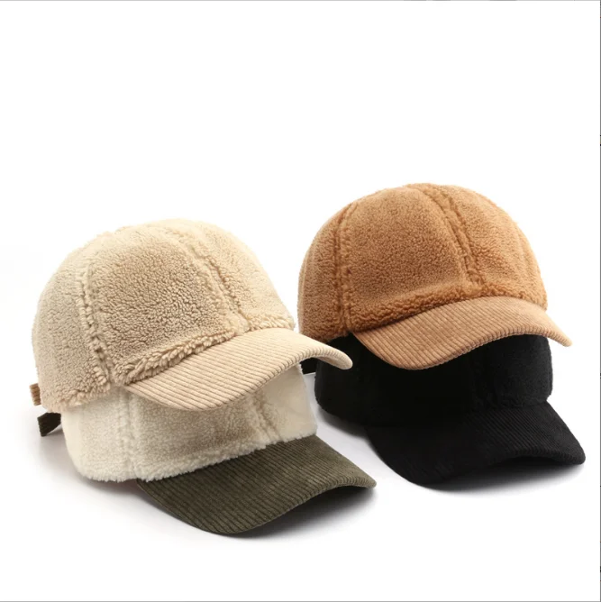 autumn winter Woman man warm adjustable solid color lamb corduroy baseball cap