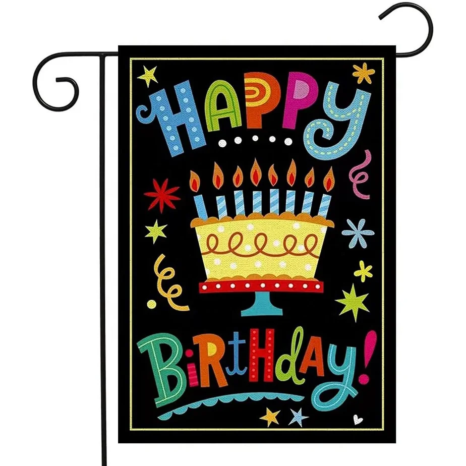 Factory Wholesale 12*18inch Linen Outdoor Party Garden Flag Happy Birthday Cartoon Double-Sided Printing Sports
