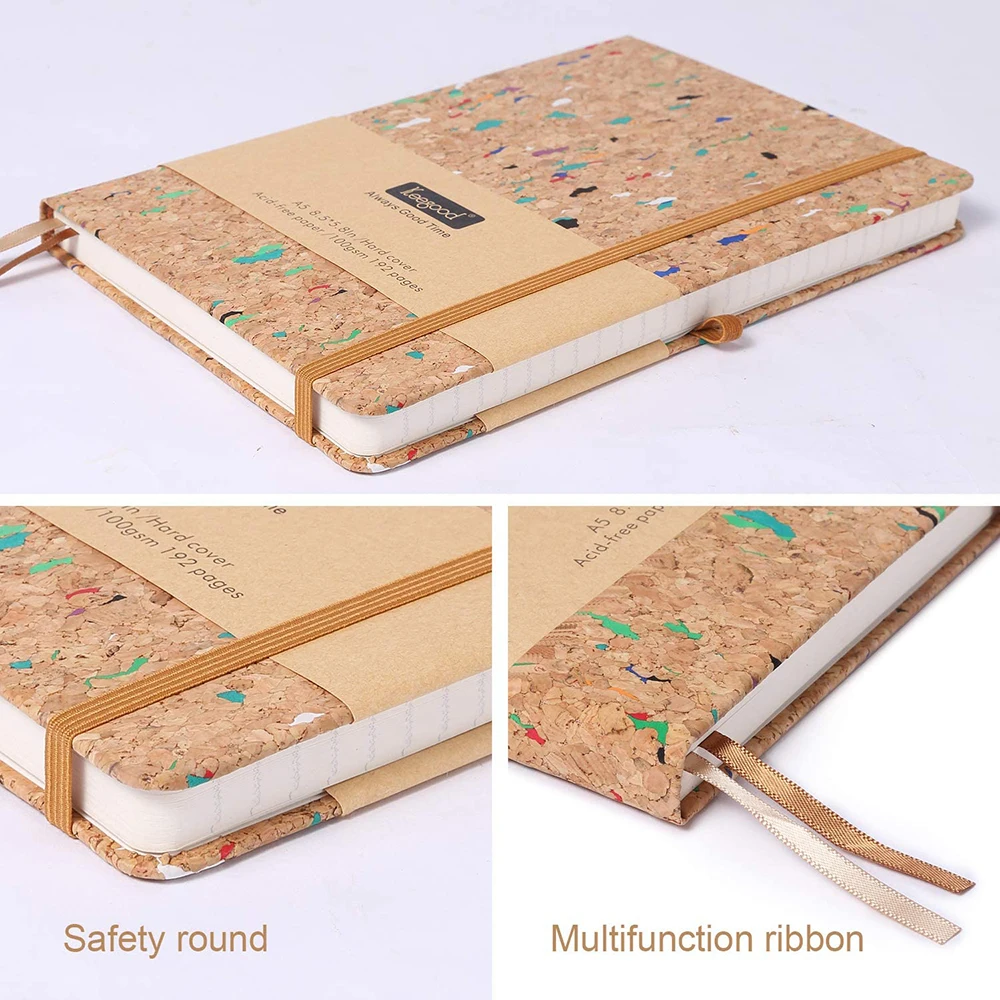 Eco-Friendly A5 Notebook with Cork Cover- Premium Lined Paper- Inner Pocket & Elastic Band