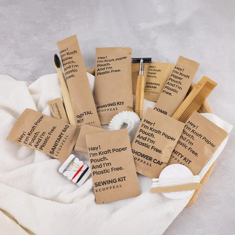 Custom Economical Biodegradable Disposable Sachet Craft Paper Accessories Luxury Eco Dry Amenities Set for Hotel