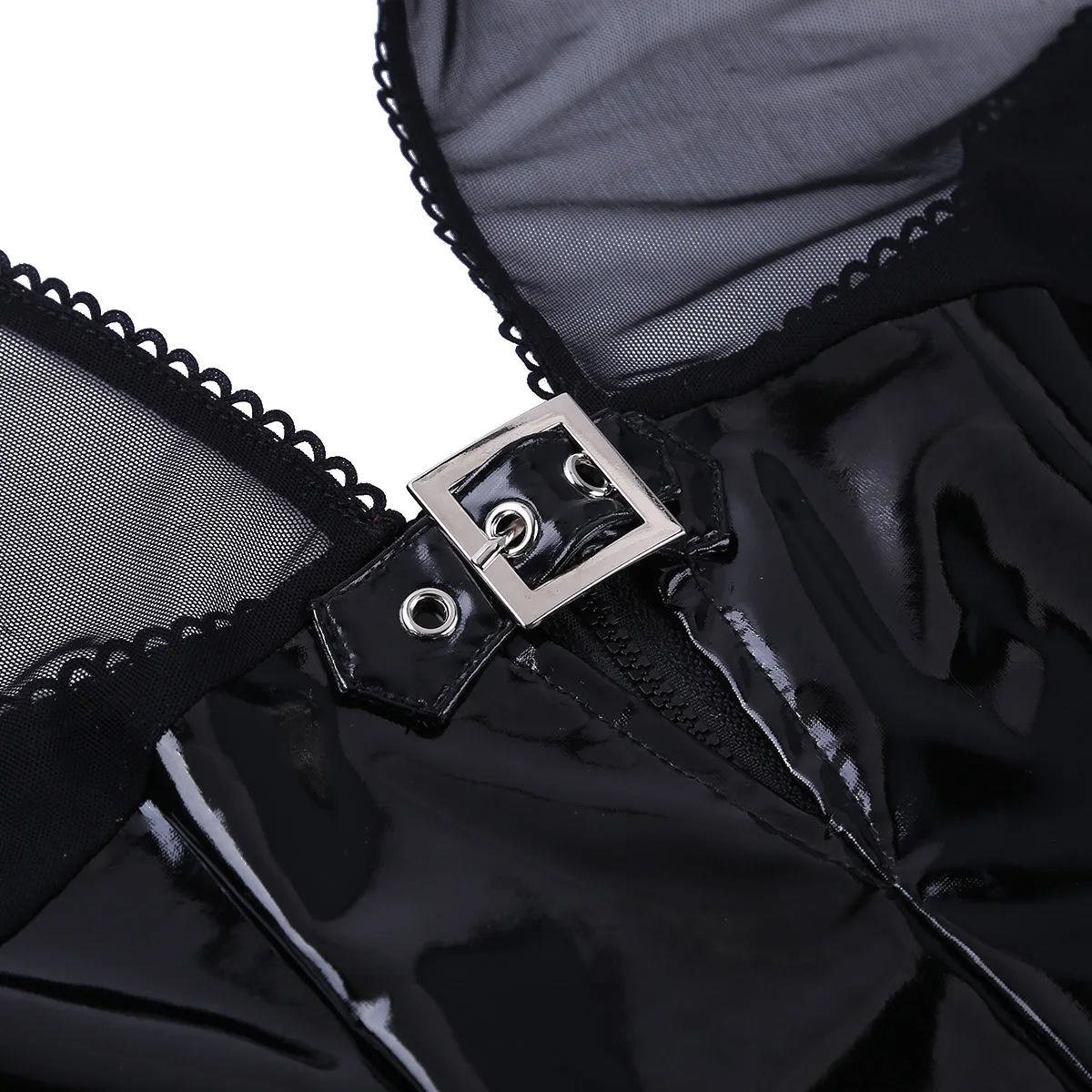2022 new European and American sexy lingerie sexy mesh suspenders open back hollow one-piece imitation leather skirt wholesale