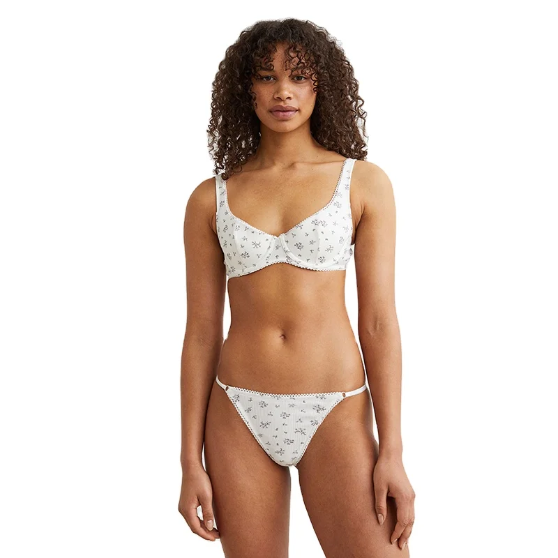 New Design Sexy Narrow Strap Regular Waist Floral Print Lace Trim Cotton Jersey Thong Briefs For Women
