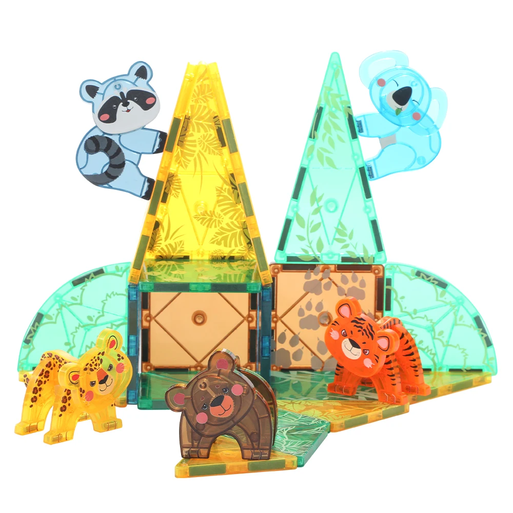 Zoo ABS Tiger Elephant Bear Jungle Forest Grassland Print Tile Magnet Set Magnetic Tile Building Blocks Educational Learn Toys