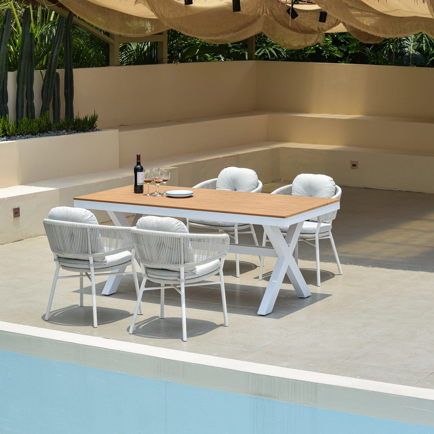 outdoor dining180 cm table sets  4 people garden furniture white color aluminum frame , plastic wood top table and  rope chairs