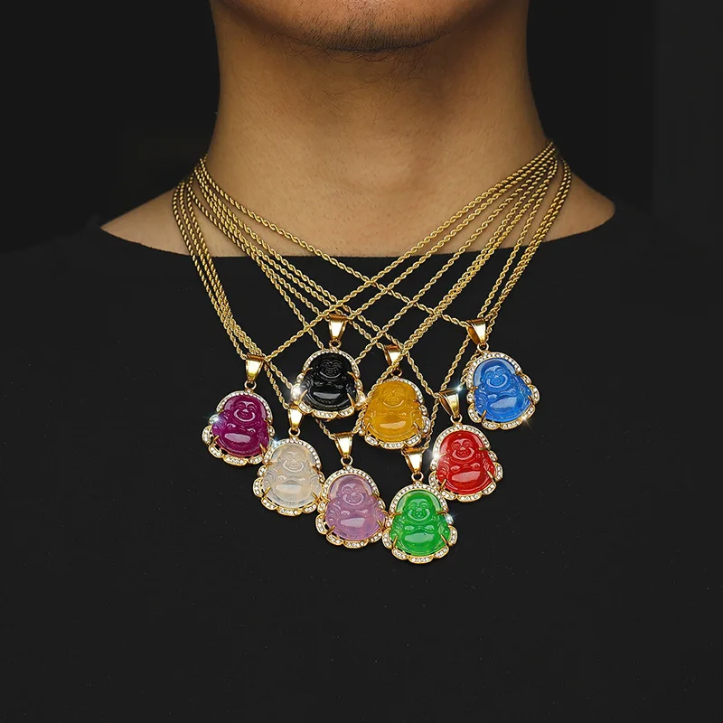 2021 Stainless Steel Jewelry Custom Green Buddah Laughing Charm Cuban Rope Chain 18K Gold Plated Jade Buddha Necklace Pendant
