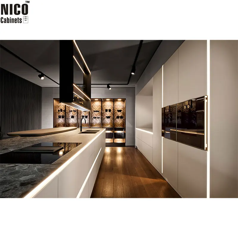 NICOCABINET Luxury Artisanal Craftsmanship Chic Glass Detailing Ambient Lighting Custom Kitchen Cabinets