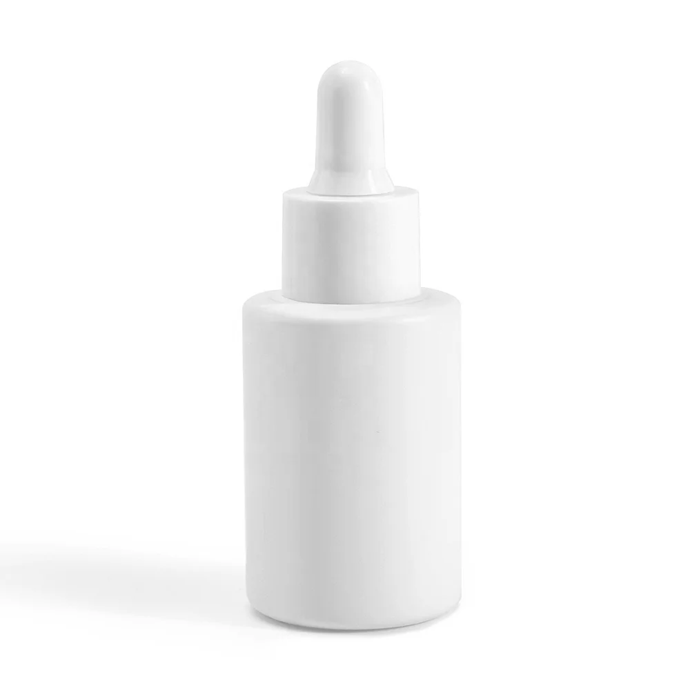 Fancy Beauty 30ml 1oz flat shoulder essential oil serum frosted white glass dropper bottle with pipette