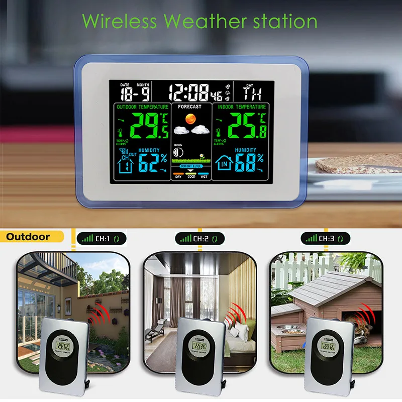 LCD alarm clock with Weather Station hang wall equipped with 3 outdoor temperature measuring equipment