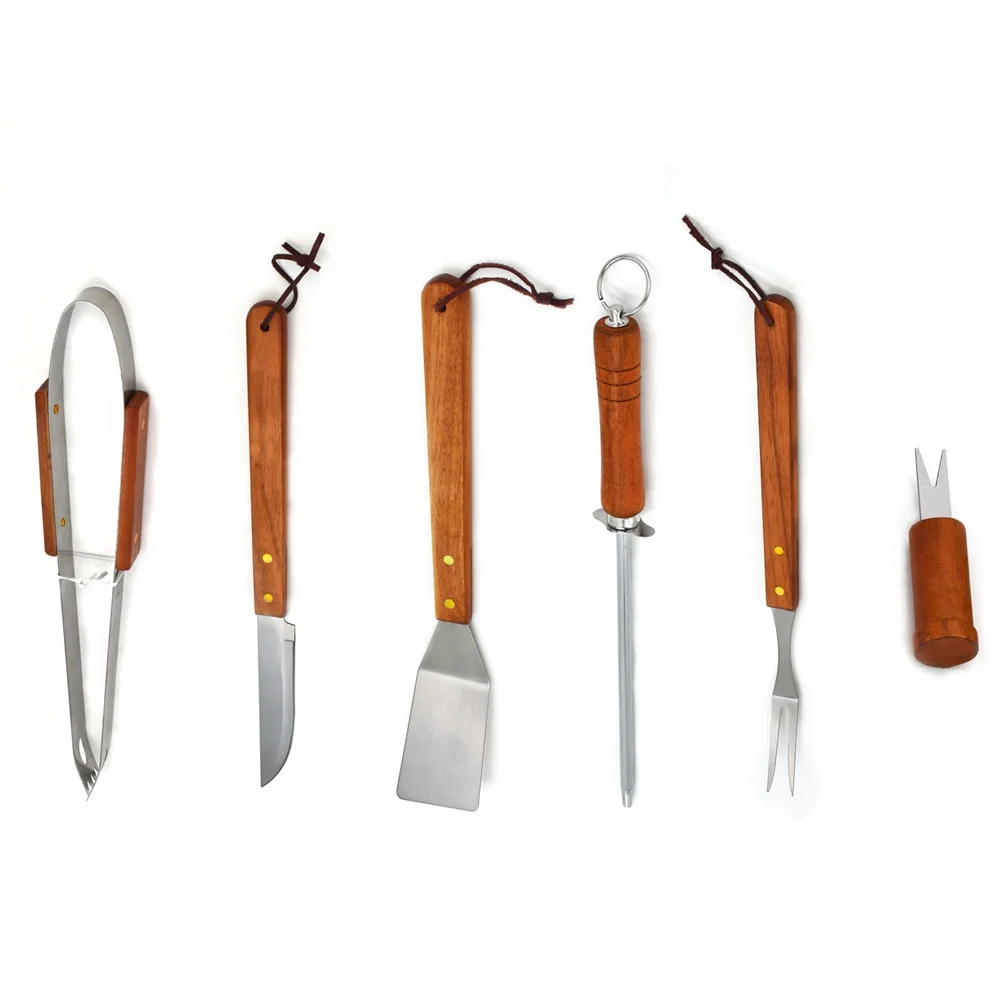 Outdoor Portable  10PCS  Wooden Handle Cookware BBQ Tool Set With Carry Bag For BBQ Kit Corn Holder