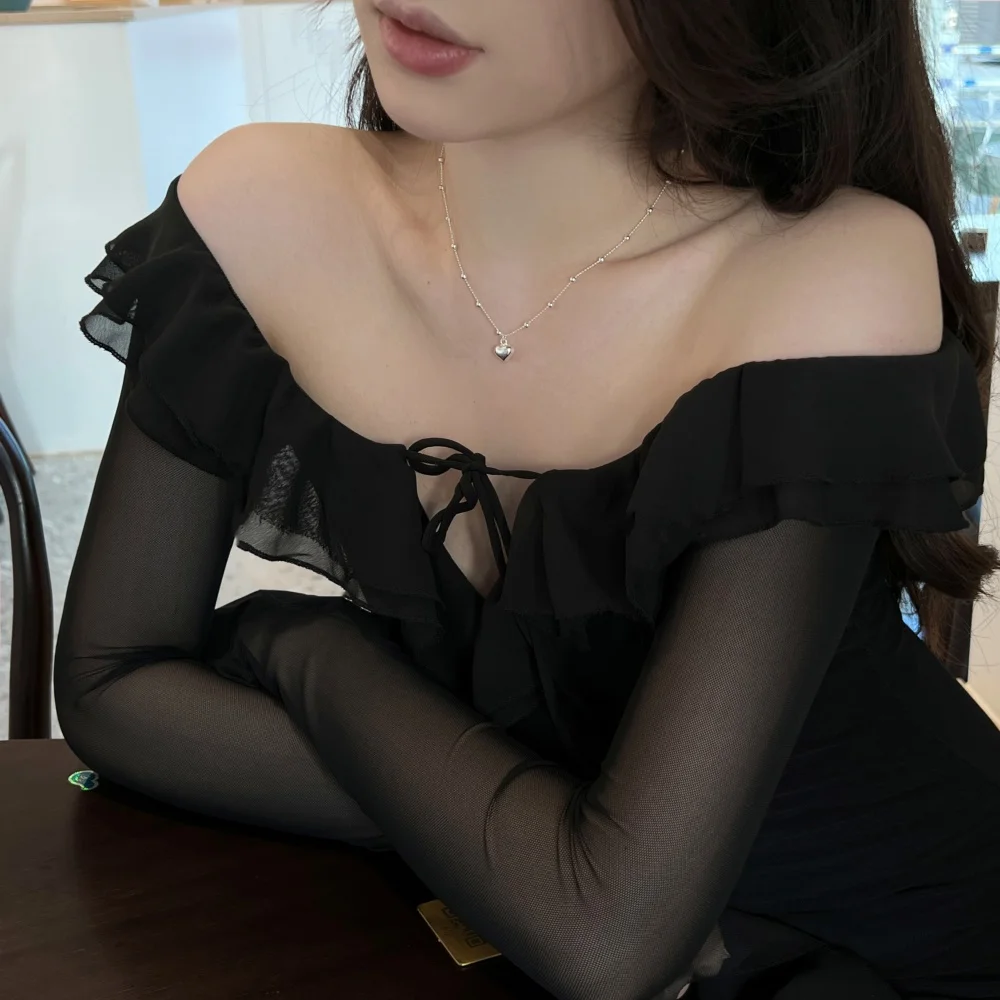 Dylam Simplicity Statement Design 925 Sterling Silver Rhodium Plated Beaded Chain Metal Heart Shape Pendant Jewelry Necklace