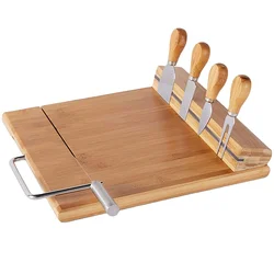 Bamboo Cheese Board Set with Wire Cheese Slicer and 4 Piece Stainless Steel Cheese Knife