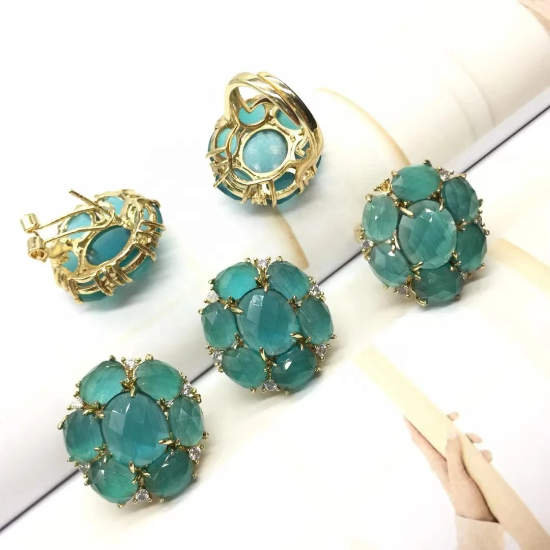 Модные элегантные по оптовой цене 18k позолоченные латунные украшения с драгоценным камнем Серьги Кольца Ювелирные наборы