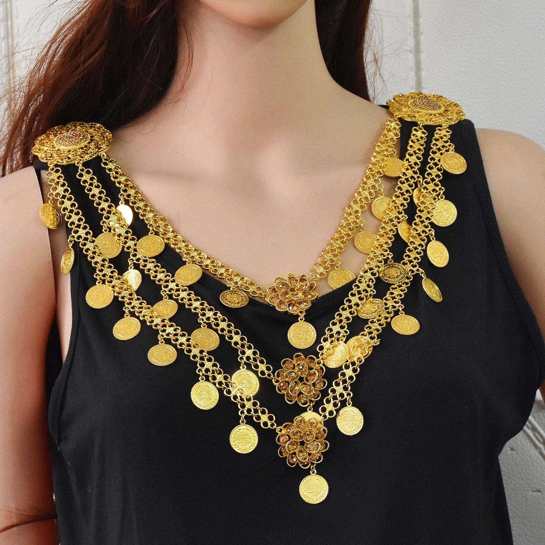 3-Layer Gold Coin Tassel Crystal Flower Waist Chain Necklace Accessories Brooches