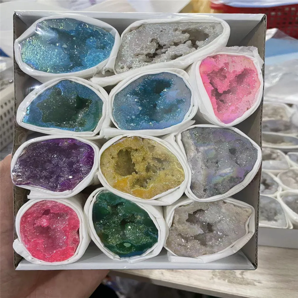 wholesale spiritual healing crystals agate gemstone crystal set box natural angel aura agate Geode quartz for sale