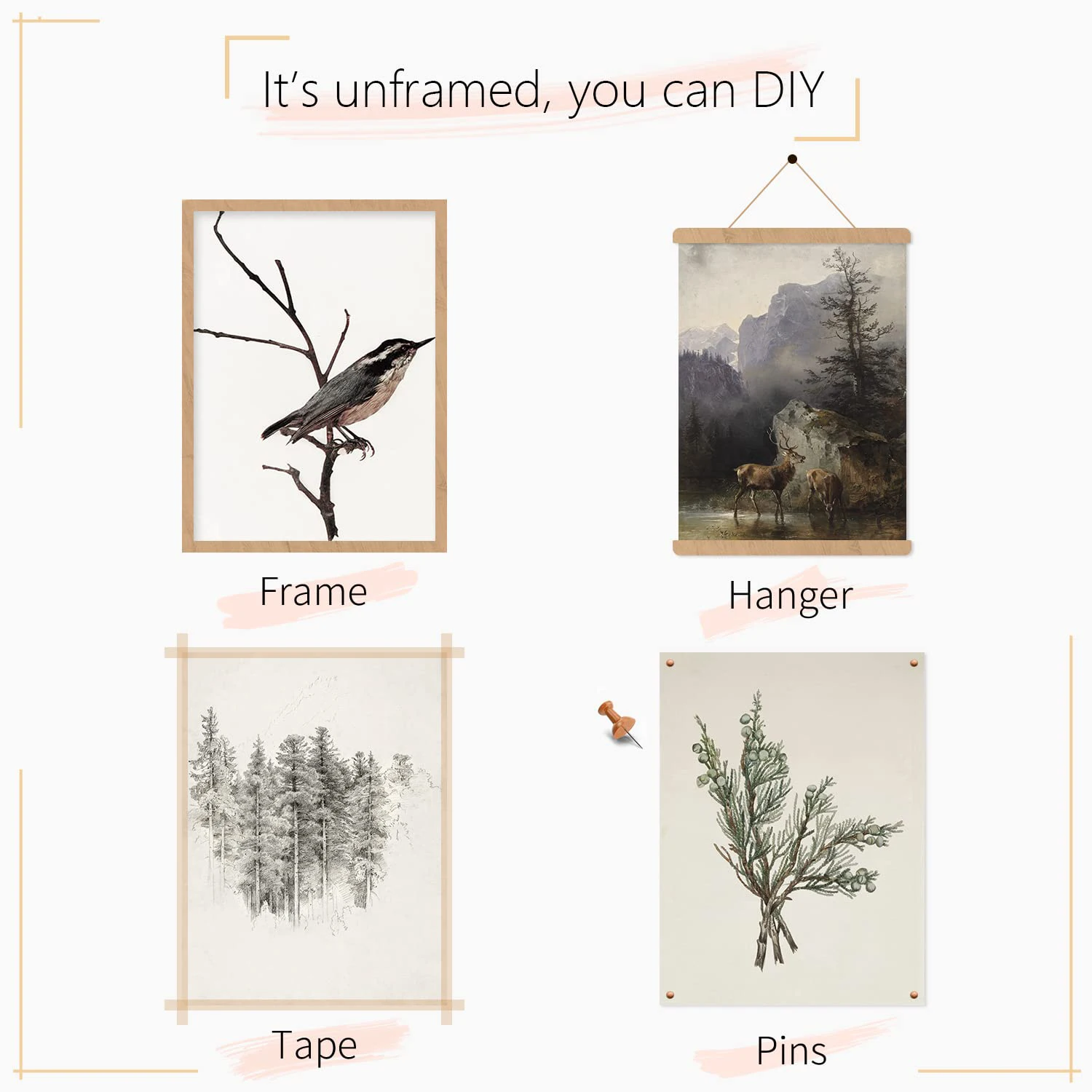 Vintage Farmhouse Wall Decor Aesthetic Botanical Picture Rustic Snowy Winter Room Set of 5 Neutral Gallery decor Wall art