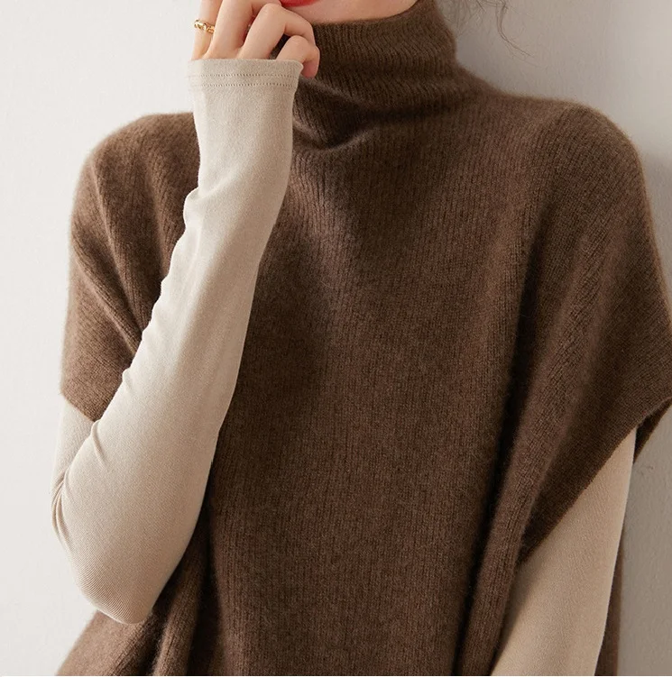 Custom Autumn Winter New Cashmere Sweater Women Half High Neck Warm Vest Cloak Fringe Sleeveless Knitted Thick Outside