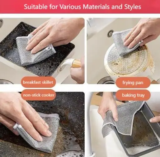 Multipurpose Scrubbing Wire Rags Scrubber Kitchen Steel Wire Dish Towel Microfiber Dish Cloths Reusable Dishwashing Rag