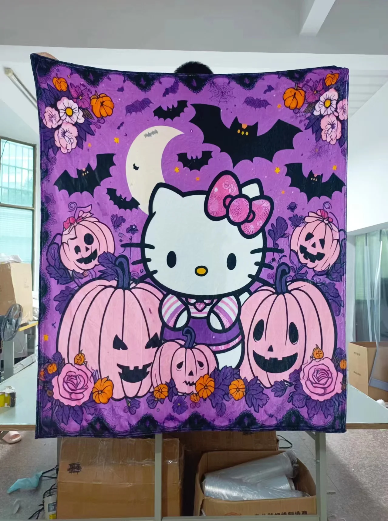 Free Mock up Custom Design Add Free Wash Mark Kitty Anime Cartoon Halloween Spider Web Gray Organic Children Flannel Blanket