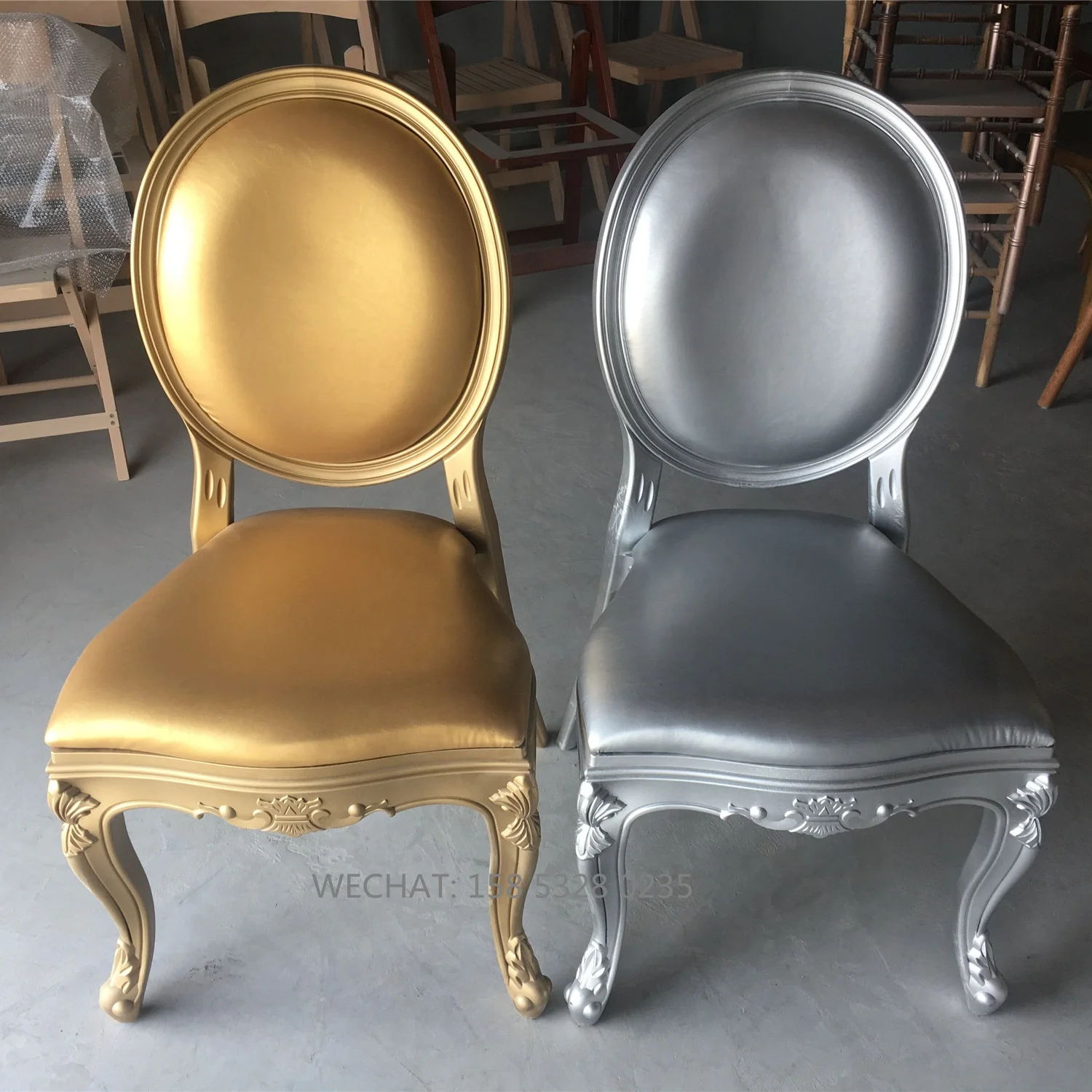 Luxury stackable gold PP plastic louis ghost chair with false leather seat for rental or events waterproof