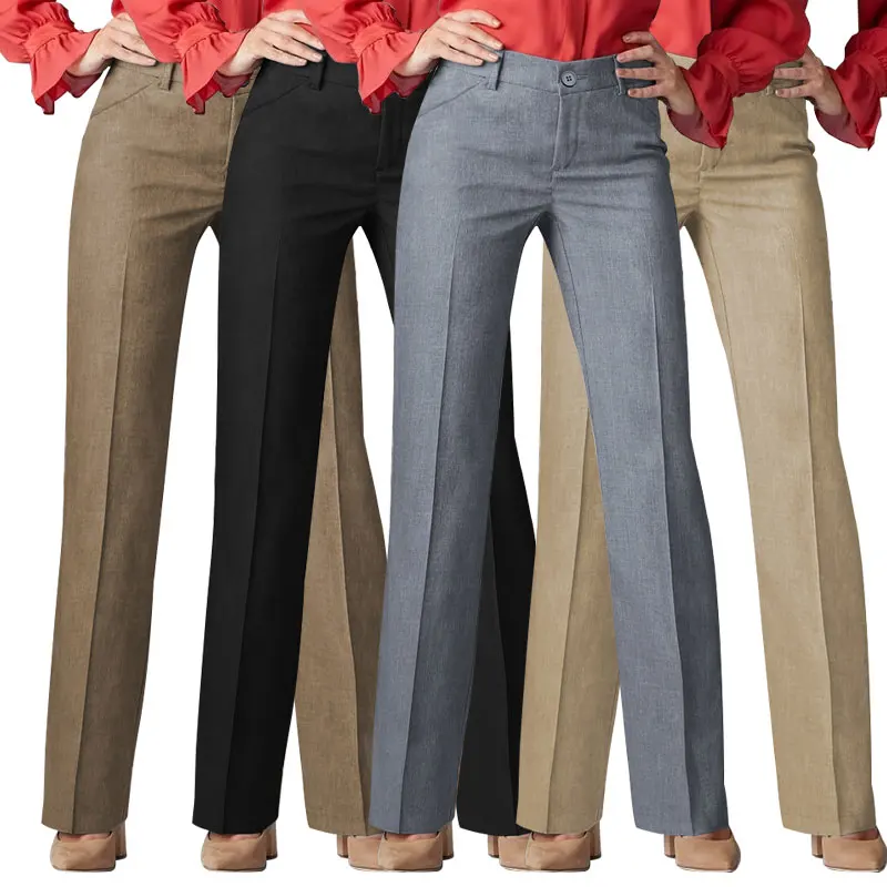 Formal Office Ladies Solid Color Straight Leg Suit Trousers Elegant High Waist Long Pants For Work