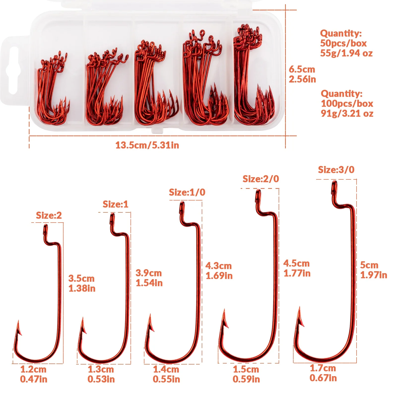 
50pcs or 100pcs boxed different sizes red colour sharp barb boxed offset fishing hooks 