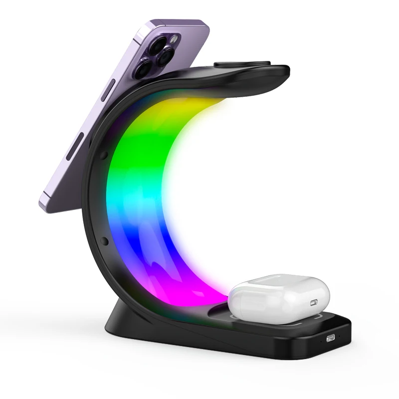 2023 New 3 In 1 Wireless Phone Charger Stand 15w 3w Multi-color adjustable RGB ambient light with magnetic absorption