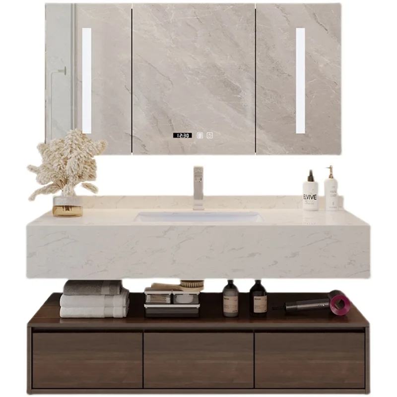 Light Luxury Solid Wood and MDF bathroom vanity Simple Modern Design with Integrated Marble Wash Basin Rock Board Bath Mirror