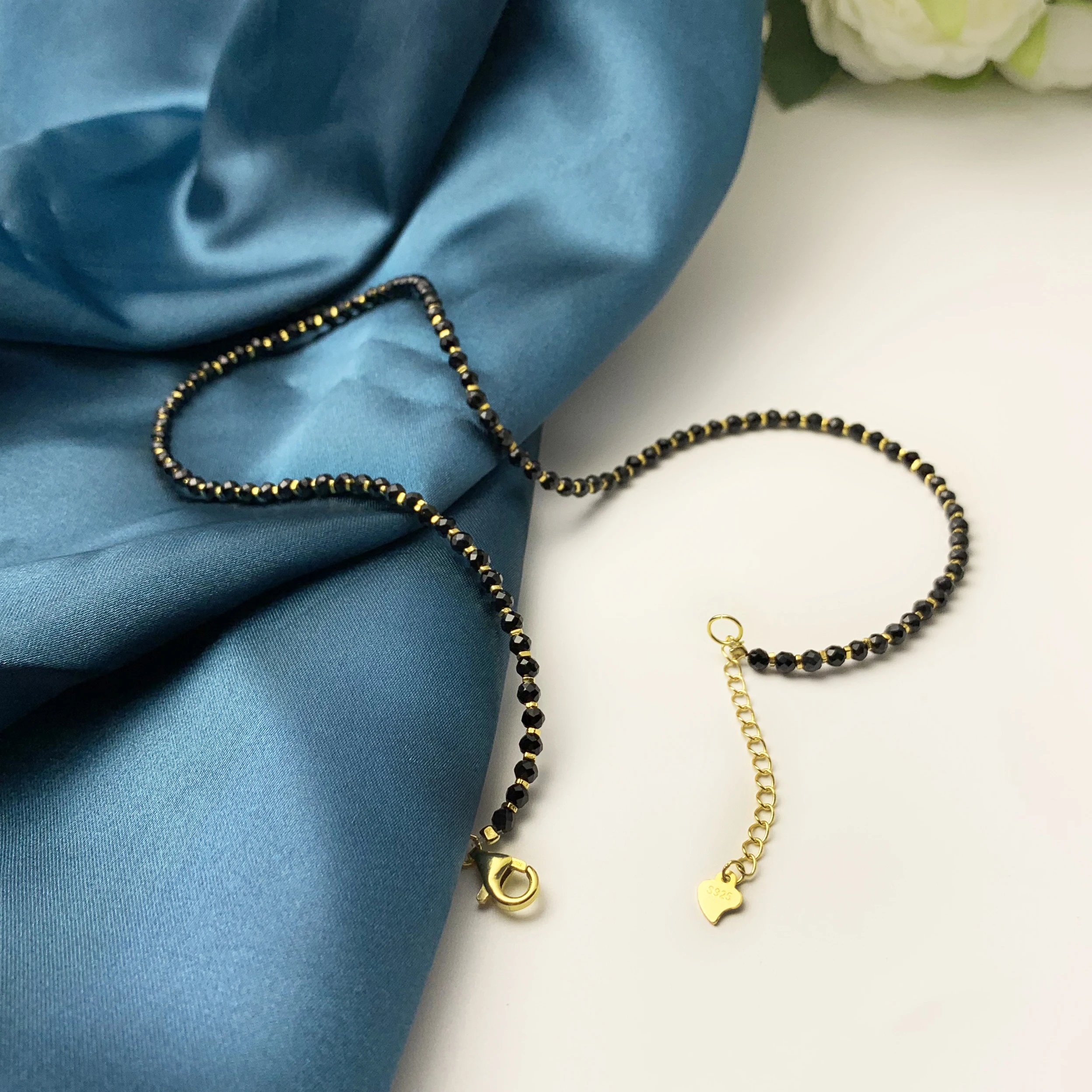 Gemstone jewelry black spinel faceted beads gold plated 925 sterling silver crystal beaded necklace