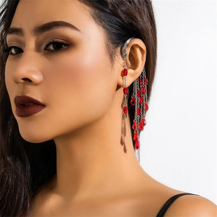 Fashion Punk Gothic Exaggerated Women Jewelry Red Crystal Blood Tassels Big Pendant Drop Ear Hook Earrings