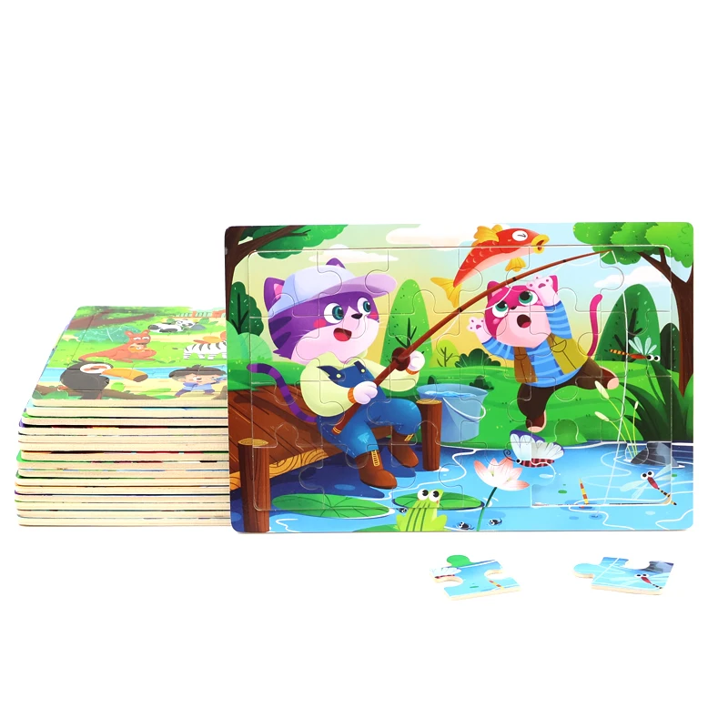24 Piece Cartoon Puzzle Set 16 Styles Wooden Tabletop Game for Early Education Simple Panel Puzzle Toys for kids Made of Wood