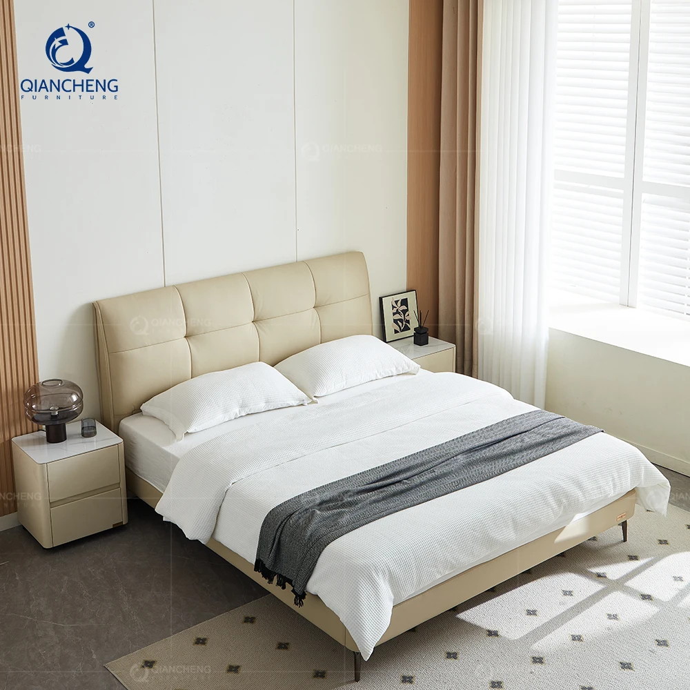 Wholesale Professional Customized Italian Leather Bed With Wooden Bed Frame For Modern Luxury Dubai Hotel Bedroom Furniture Set