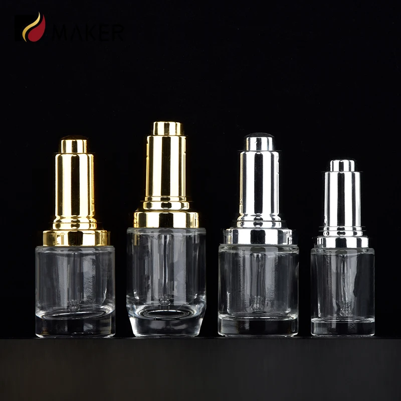Glass Bottle Supplier 15ml 25ml 30ml Golden Press Skincare Essential Oil Cosmetic Vendors Essence Serum Dispenser Dropper Bottle