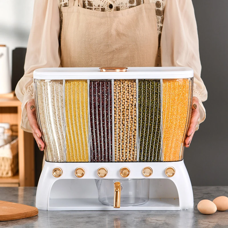 Wholesale Dry Food Storage Containers Dispenser 6 Grids Grain Rice Plastic Storage Box Open Lids Cereal Seal Pot