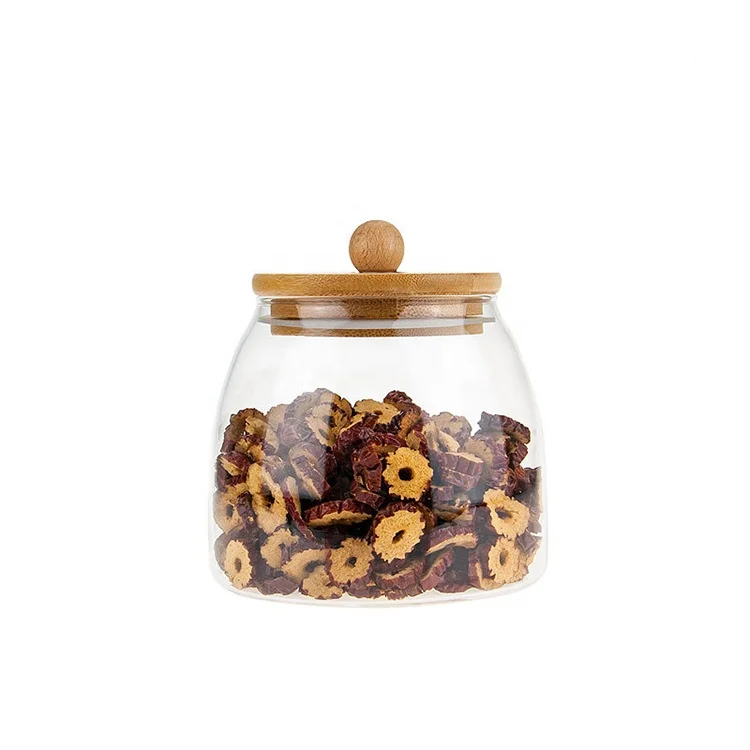 
500ml Handmade Food Grade Sealed Food Canister Sets Oval Glass Jar With Bamboo Lid 