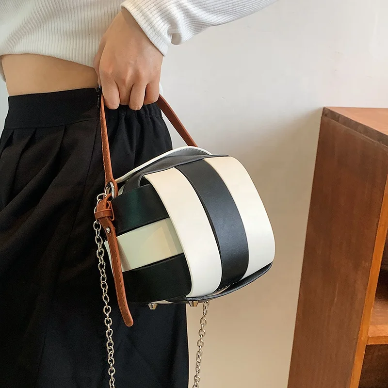 Contrast Color Striped Woven Small Tote Chain Handbags Designer Trendy Ball Crossbody Bags Casual Retro PU Leather Shoulder Bag