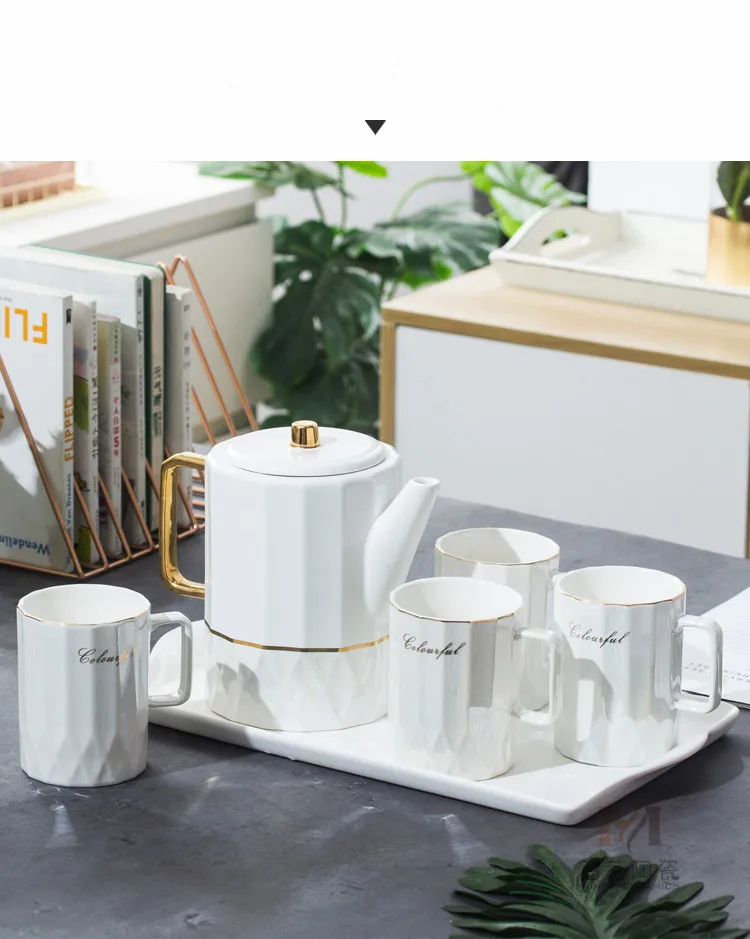 
Hotel Restaurant Rhombus White Color Ceramic Tea Pot With Tray And Cup Set 
