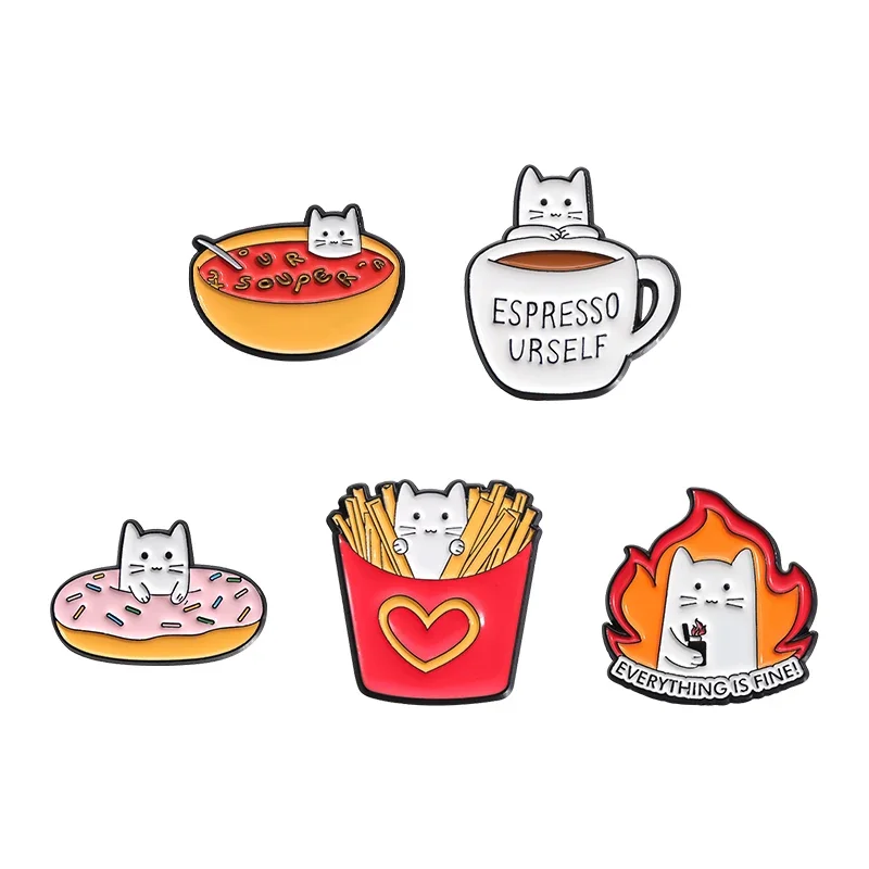 EVERYTHING IS FINE Kitten Enamel Pins Cartoon Cute Donut Coffee Cat Brooches Decor Lapel Badges Jewelry Gift for Kids Friends