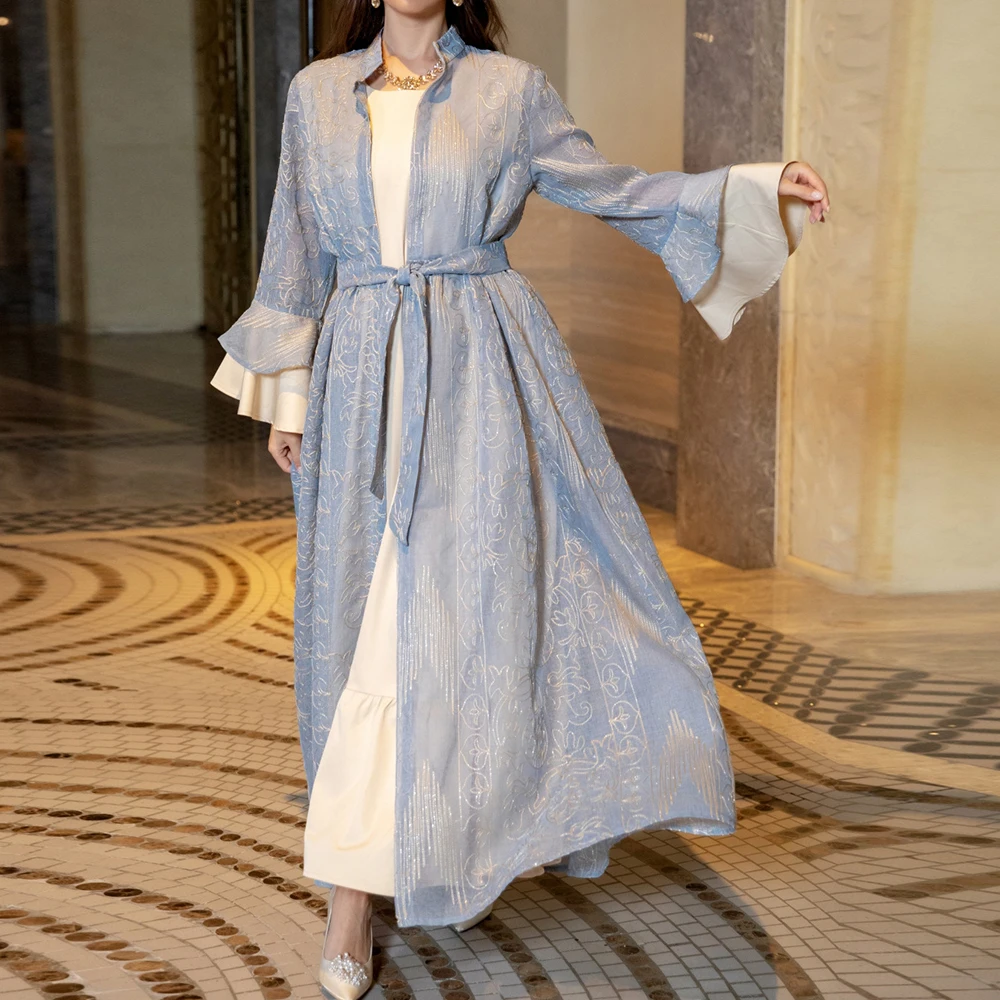 Linen 2 Piece Abaya Set Layered Sleeve Embroidery Open Abaya Sleeveless Slip Ruffle Bottom Gown for Evening Dress Abayas