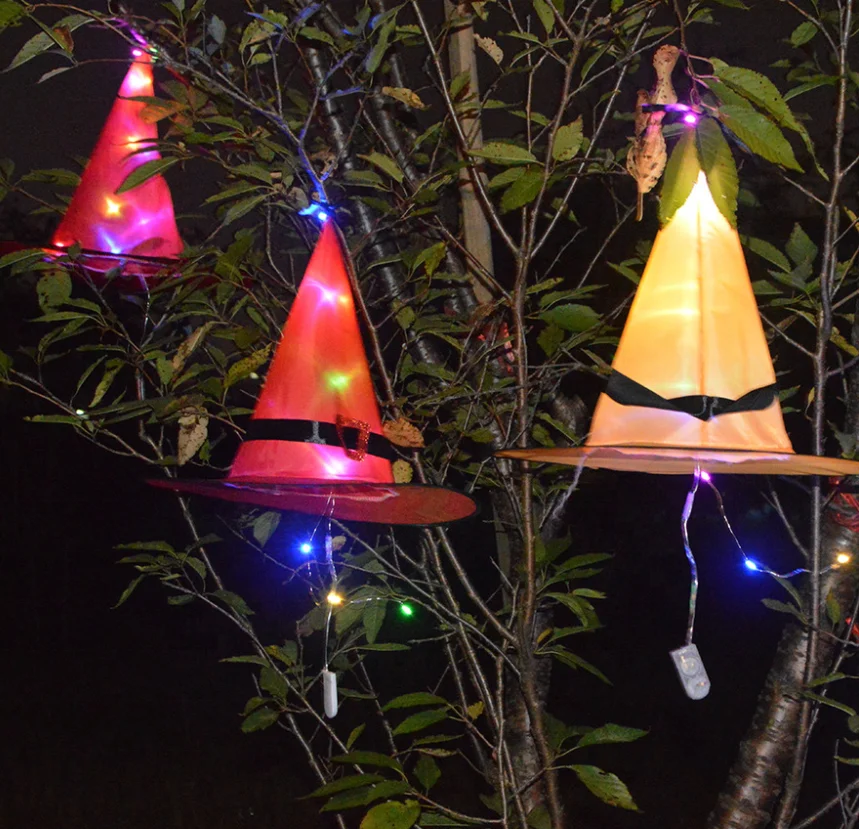 halloween outdoor yard decoration hanging lighted glowing witch hat decorations with led battery operated for tree decoration
