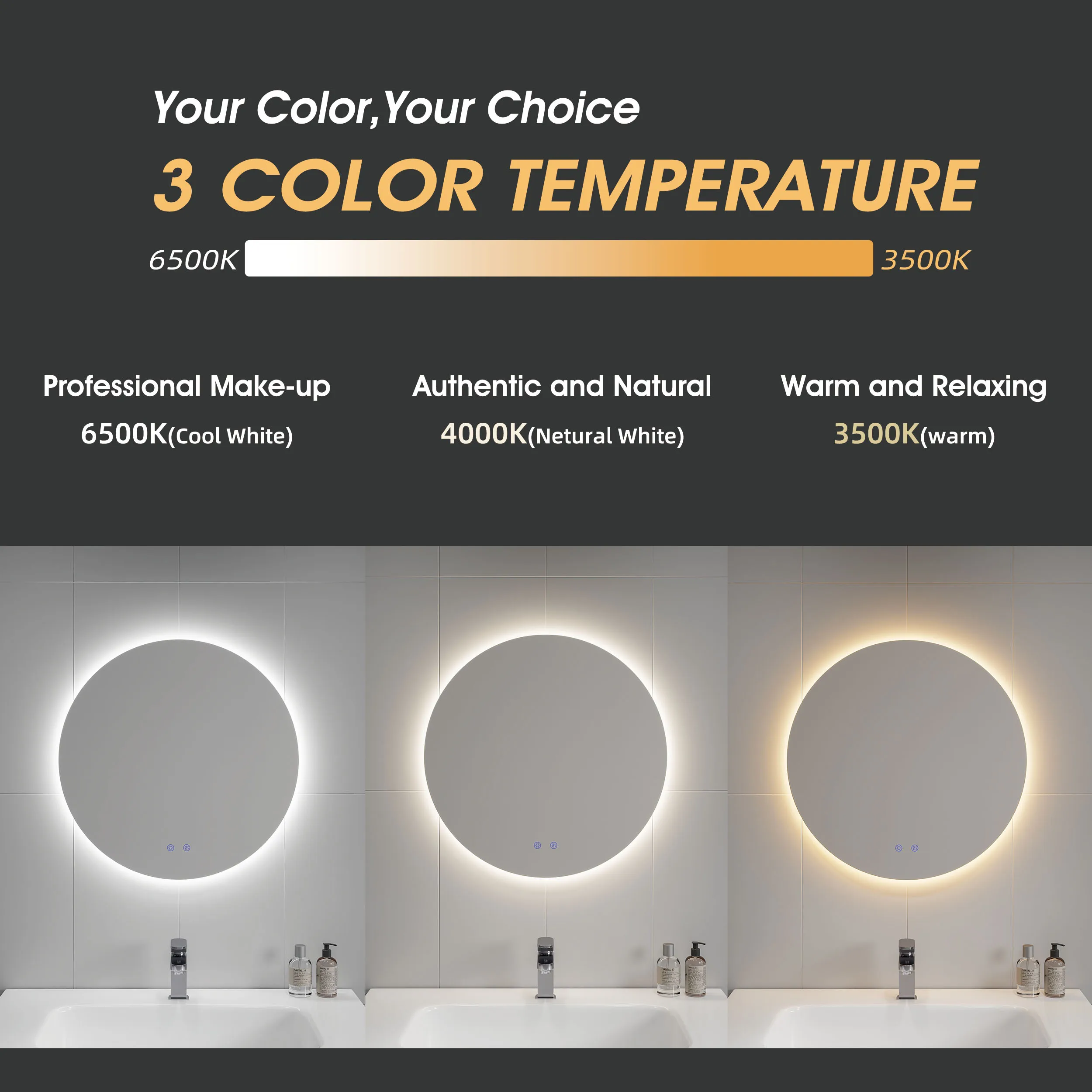 Stepless Dimmable Anti Fog 60cm Backlit Silver Smart Lighted Vanity With Lights Modern Round Led Round Bathroom Mirror 24 Inch