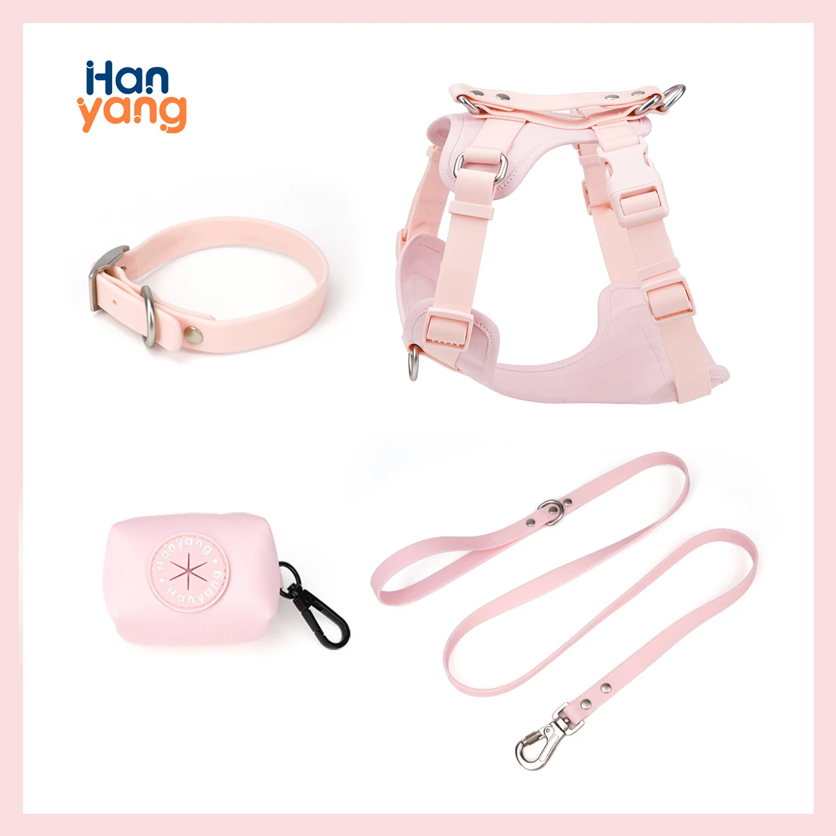 Custom pet accessories products pure color soft pvc coated dog collar leash harness set for dog running walking training hiking