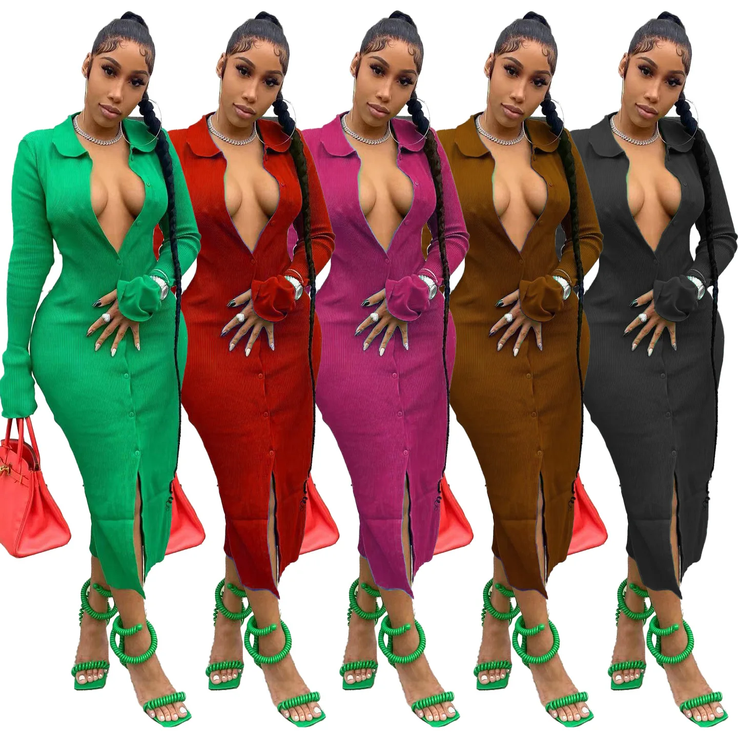 New 2022 Fall Winter Women Casual Fashion Dress Flare Long Sleeve Sexy Single-Breasted Knit Rib Bodycon Below Knee Dress