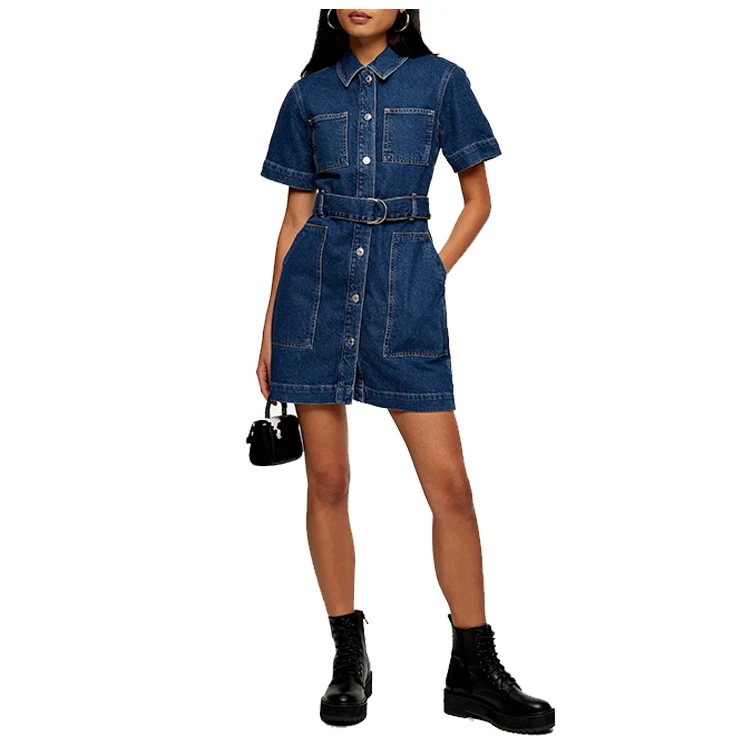 New Fashion blue Ladies Casual Short Sleeve vintage Denim Belted front buttons Shirt Dress youth